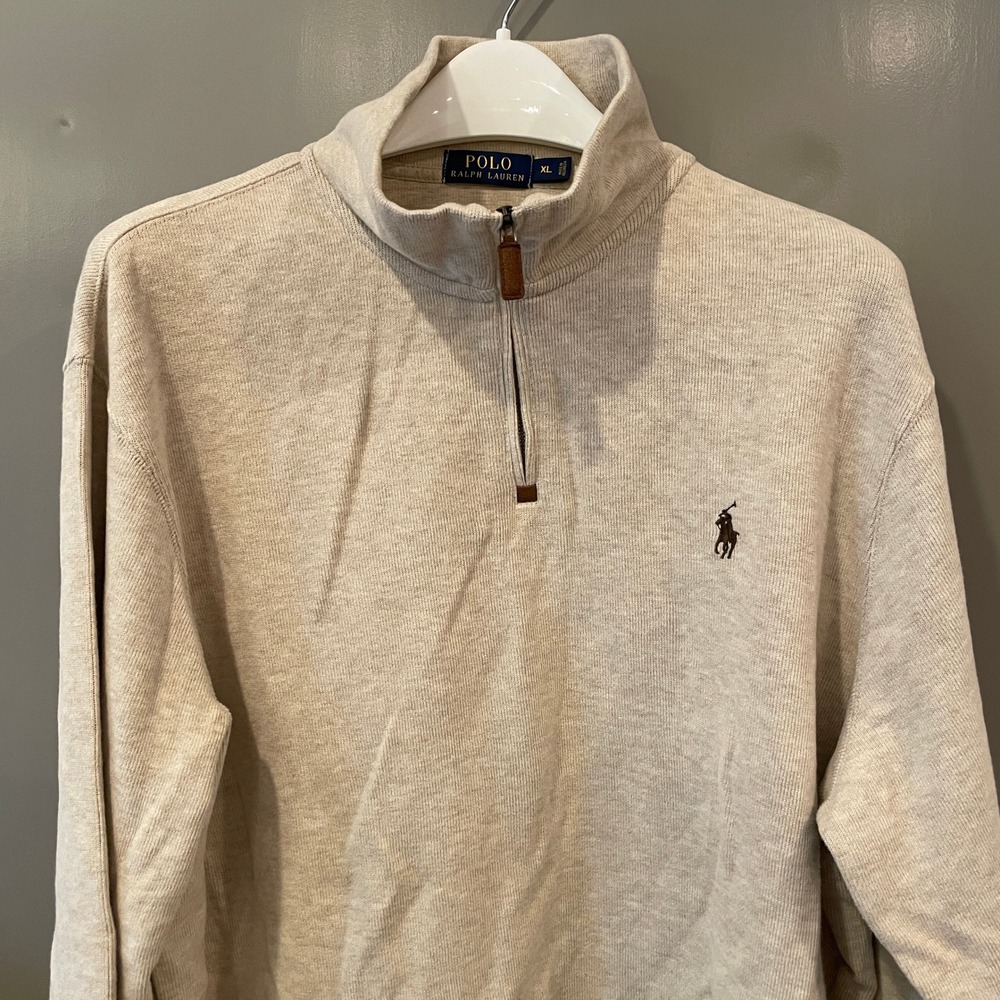 Polo Ralph Lauren Mens XL Quarter Zip Pullover Sweater Oatmeal Beige Ribbed Pony